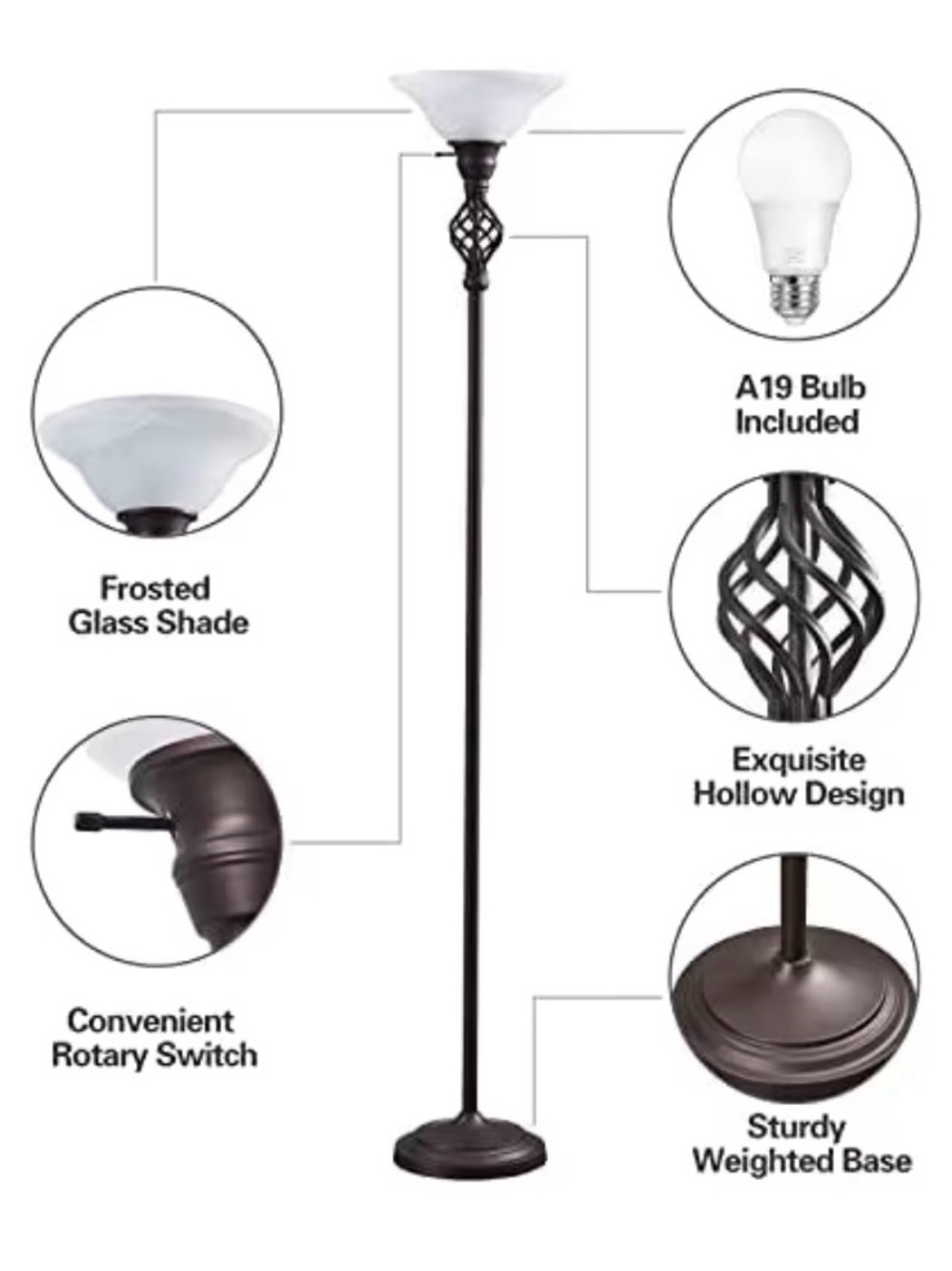 Bronze Torchiere Floor Lamp with Frosted Glass Shade